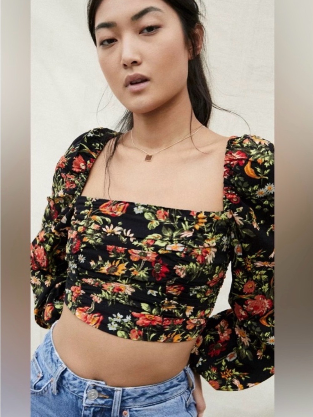 Urban Outfitters Black Floral Square-Neck Puff-Sleeve Crop Top
